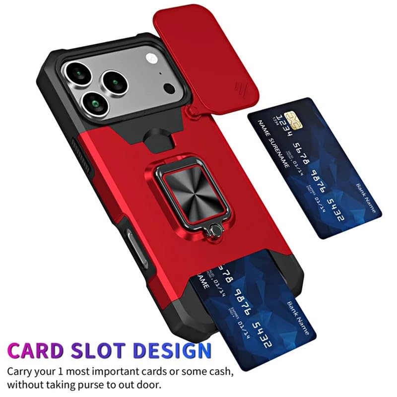 Image of LuxuryKase Shockproof Armor Case for iPhone 17 Pro | Slide Camera Cover | Hidden Card Slot | Rotating Ring Kickstand | Magnetic Car Mount Support | Military Grade Protection - Red