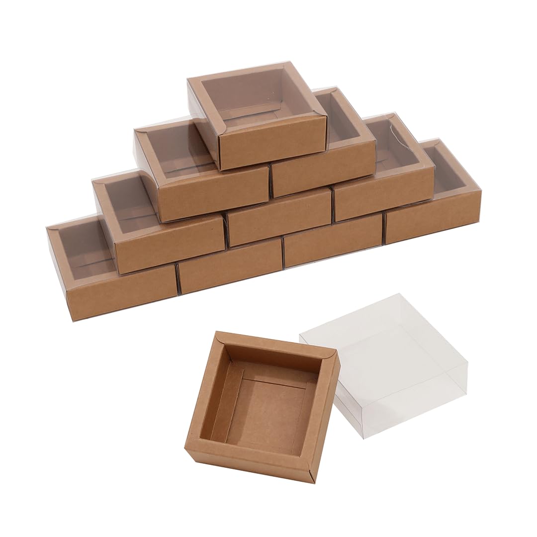 Red Dot Gift 20-pack DIY Rectangle Drawer Kraft Boxes With Clear Lid CT01: 8.3 * 8.3 * 3cm Cardboard Present Packaging Boxes for Party Favor Treats, Candy and Jewelry Crafts. (kraft)