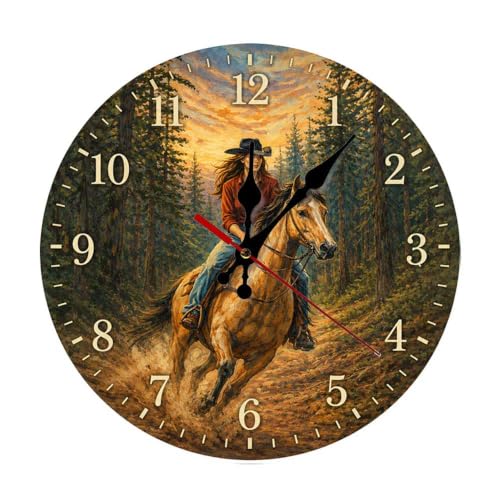 whqhup Woman Riding Horse in Forest at Sunset Round Wooden Wall Clock, Silent Non-Ticking Battery Operated Decorative Wall Clock for Living Room, Bedroom, Kitchen, Office, Farmhouse Home Decor