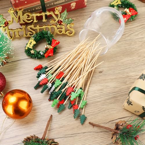 100 Christmas Tree Cocktail Picks, 4.7\" Long Christmas Toothpicks for Appetizers, Bamboo Decorative Xmas Skewers Wood Sandwich Fruit Food Sticks for Christmas Party Supplies Charcuterie Accessories