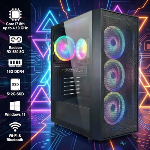 Image of STGAubron Gaming PC Computer Desktop, Radeon RX 580 8G, Intel Core I7 8th up to 4.10 GHz, 16G DDR4, 512G SSD, WiFi 6 & BT 5.2, RGB Fan x4, Windows 11 Home