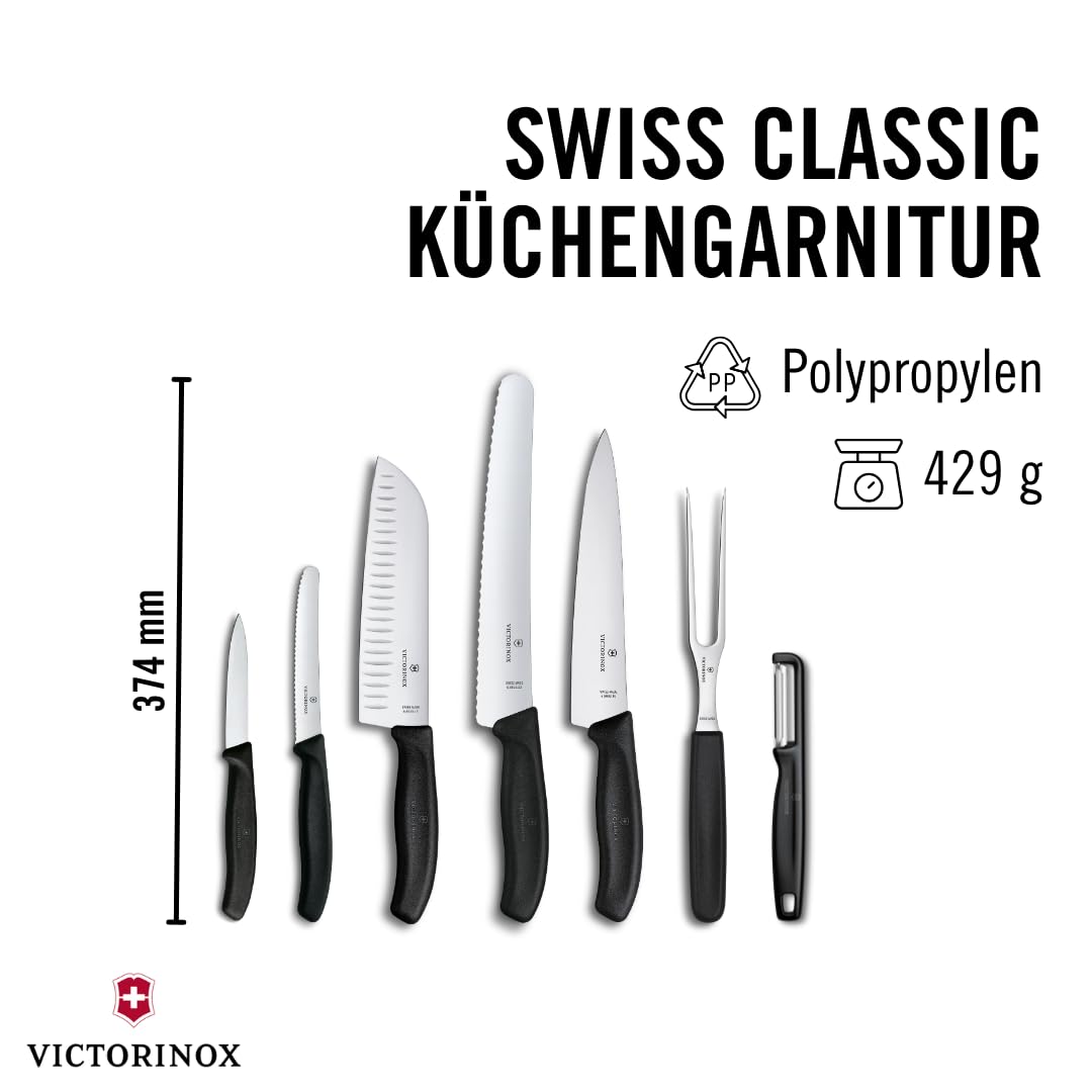Victorinox Swiss Classic Küchenmesser Set, 7-teilig, mit Santokumesser | Hochwertiges Kochmesser Set inklusive Brotmesser, Gemüsemesser, Gabel und Schäler, rostfreier Stahl, Schwarz, Swiss Made