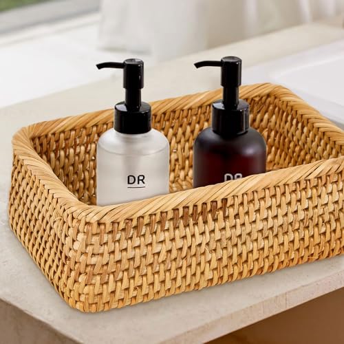 Whalehub Natural Rectangular Rattan Storage Baskets (Set of 3), Hand Woven Food and Fruit Serving Baskets, Wicker Organizer for Living Room, Bedroom, Kitchen - Image 4