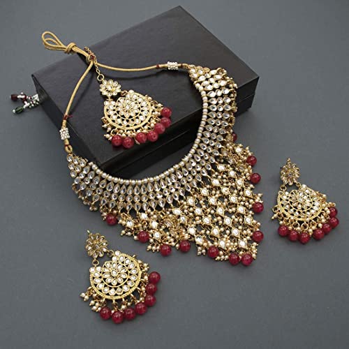 Image of Peora Kundan & Beads Studded Necklace Earrings & Maangtikka Set Ethnic Jewellery for Women & Girls