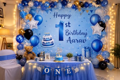 Image of Blue 1st Birthday Backdrop Banner for Boys | Birthday Party Decoration | Personalized blue 1st birthday backdrop with premium print for memorable party photos