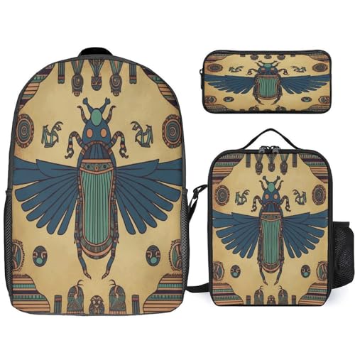 Printed Backpack With Lunch Pack Storage Box Case Egyptian Scarab 3pcs Lightweight Travel Backpack