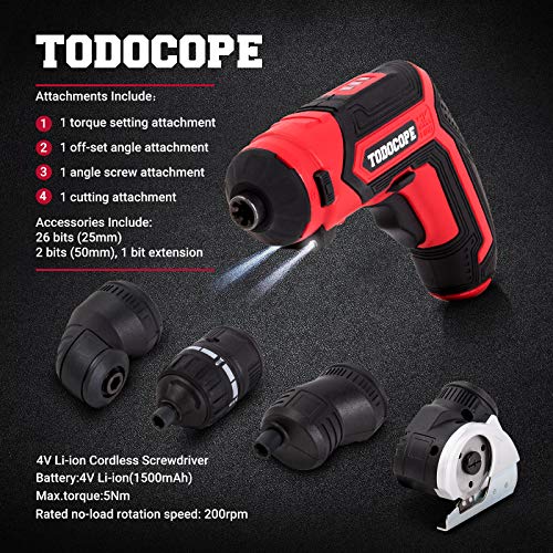 Todocope 4 In 1 Electric Screwdriver Cordless, 4V Max 1500Mah Li-Ion Cordless Screwdriver Rechargeable, With 4 Multi-Function Attachment And Charger #TOP4