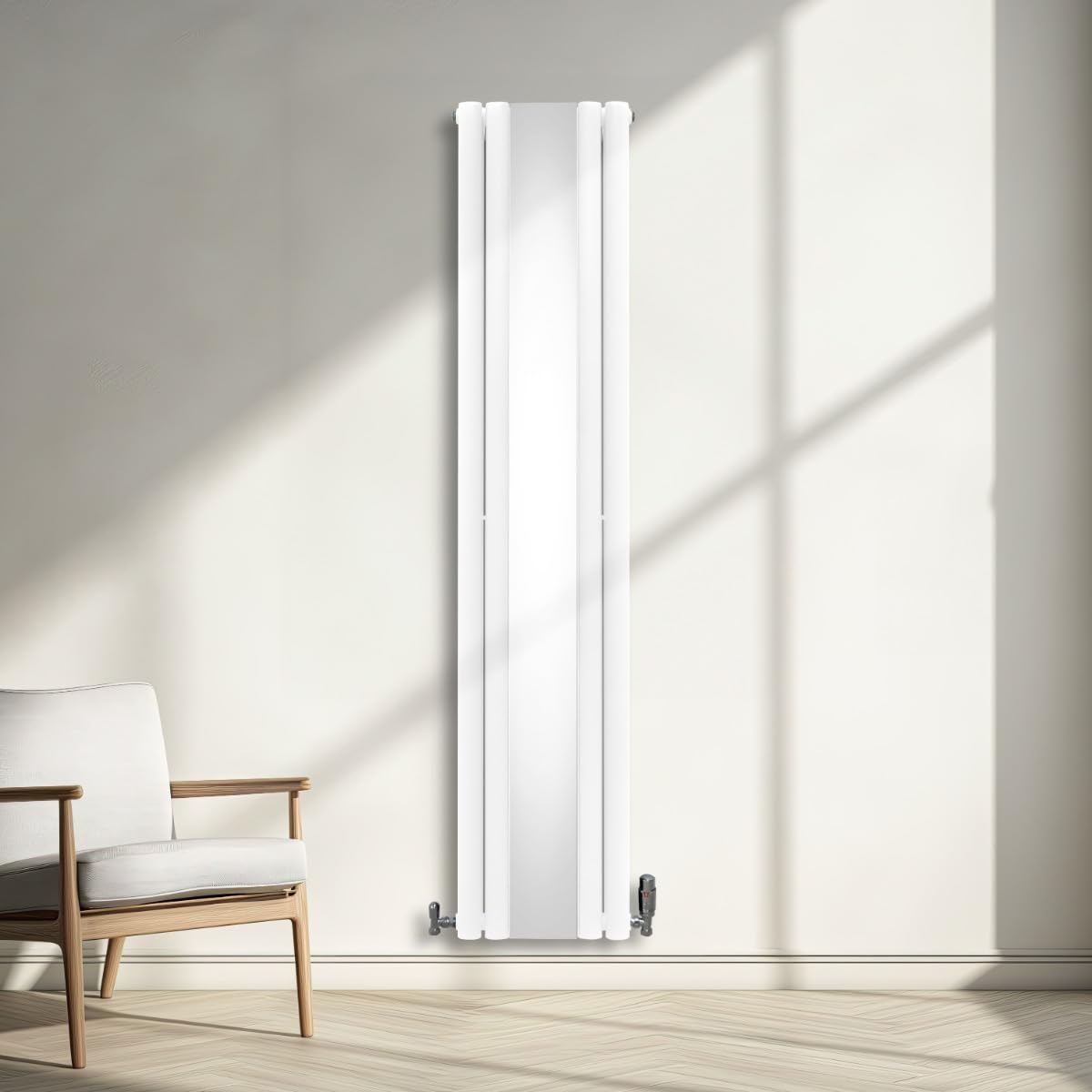 Radiador de Columna Ovalada con Espejo| 1800 mm x 380 mm | Blanco | Acero Premium | Cepillo de Limpieza y Kit de Fijación GRATIS | Calefactor, Estufa, calefacción Central Radiador de Pared