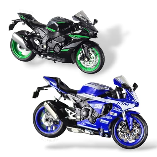 Image of Combo of 2 Diecast Motorcycles, Kawasaki ZX10 and Yamaha R1M, 1:12 Scale, Light and Sound, with Black Single-arm Lifting Frame Stand Parking Stand for Both Bike, for Ages 8-14 and Adults