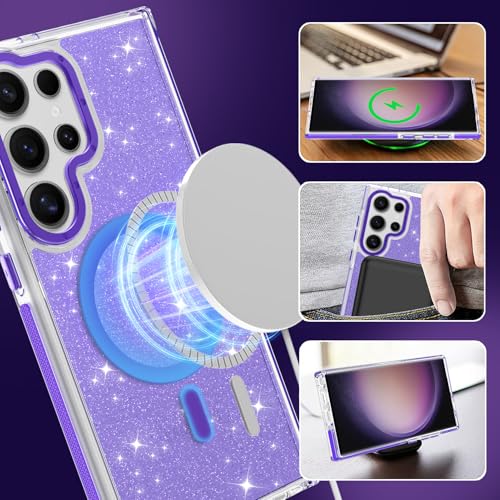 Image of Magnetic Case for Samsung Galaxy S23 Ultra [Compatible with Magsafe] [Bling Glitter Fluorescent Design] [1 Screen Protector] Slim Translucent Matte Case for Galaxy S23 Ultra 6.8 inch, Purple