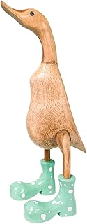 Wooden Crafted Duck Figurine with Spotty Wellies Funny Standing Duck Statues Decorative Resin Rain Boot Animal Sculpture Collectible Crafts Waterproof Garden Lawn Ornament (Green, 7.9Inch)