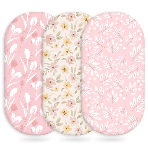 Image of Unnivoll Baby Bassinet Sheets Girl Boy, Fitted Bassinet Sheet Set 3 Pack Bassinet Mattress Sheets Universal Fit for Rectangle, Round, Oval, Hourglass Mattress, Soft Breathable Pink Flowers & Leaf