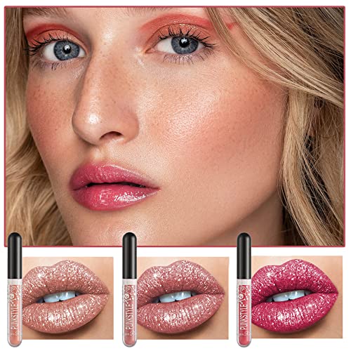 Nvleptap 3Pcs Liquid Glitter Lipstick Glitter Lip Gloss Set,Diamond Shimmer Matte Lipstick Set Long Lasting High Pigment Glitter Lip Stick Kit Lip Gloss Set Halloween Makeup Gift - Set A #TOP1