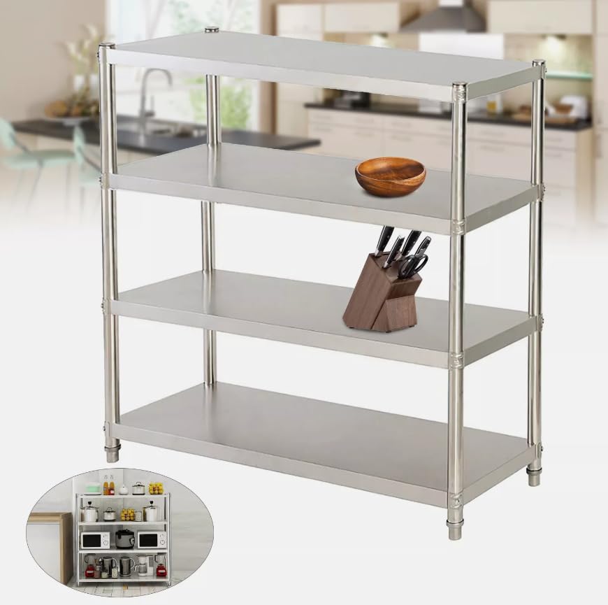 Estantería de acero inoxidable para cargas pesadas, estantería de cocina, 4 baldas, para la cafetería, al aire libre, lavandería, tienda, plateado, 120 x 40 x 150 cm
