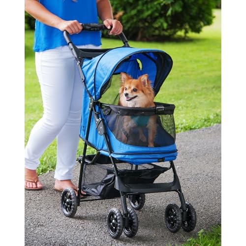 Pet Gear No-Zip Happy Trails Pet Stroller for Cats/Dogs, Zipperless Entry, Easy Fold with Removable Liner, Storage Basket + Cup Holder, Cobalt