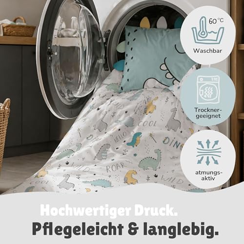 Baby Bettwäsche Set (2-teilig) aus 100% Baumwolle Oeko-Tex - Deckenbezug 100x135 und Kissenbezug 40x60 cm mit Reißverschluss - Kinderbettwäsche atmungsaktiv, temperaturregelnd, Dino mit Stacheln