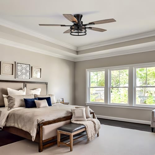 Image of 52 Inch Flush Mount Ceiling Fans with Lights and Remote Control, Low Profile Farmhouse Ceiling Fan for Bedroom Living Room and Patio, Black Caged Ceiling Fan for Indoor and Outdoor