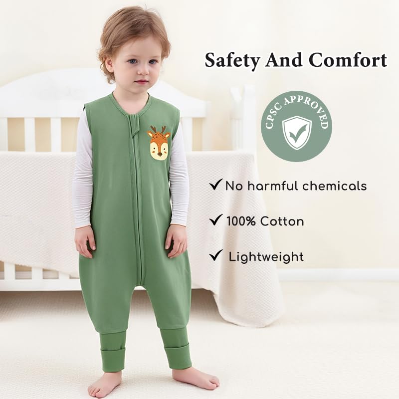 Image of Chilsuessy Toddler Sleep Sack with Feet 3-4 T, 1.0 TOG Cotton Baby Wearable Blanket with Legs, Sleep Bag Walker with 2-Way Zipper, Forest Animals+Green