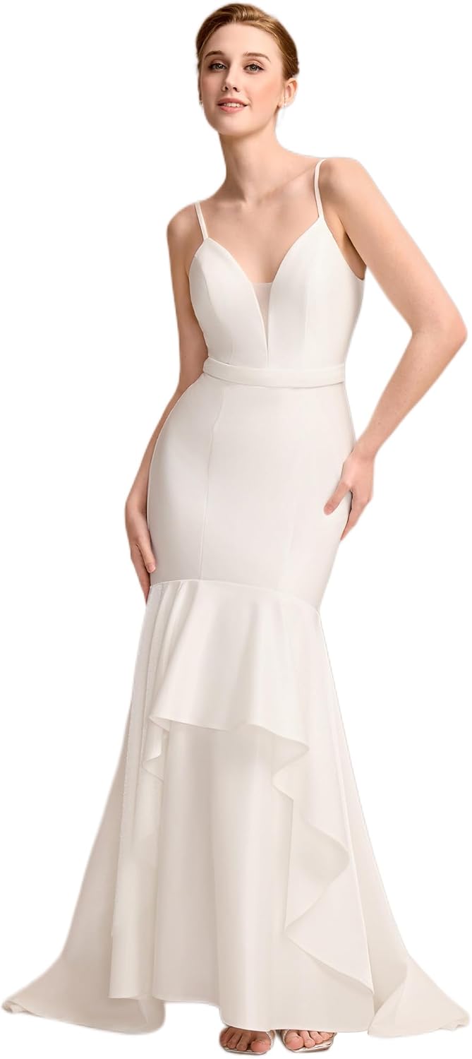 Ever-Pretty Women's Mermaid Deep V Neck Sleeveless Fishtail Sweep Train Wedding Dresses for Bride 00177