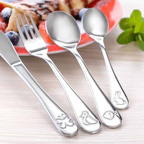 Foto von GRÄWE Kinderbesteck Set mit Tiermotiven, 4-teilig, Edelstahl poliert, spülmaschinengeeignet für Jungen und Mädchen, Geschenk zur Taufe
