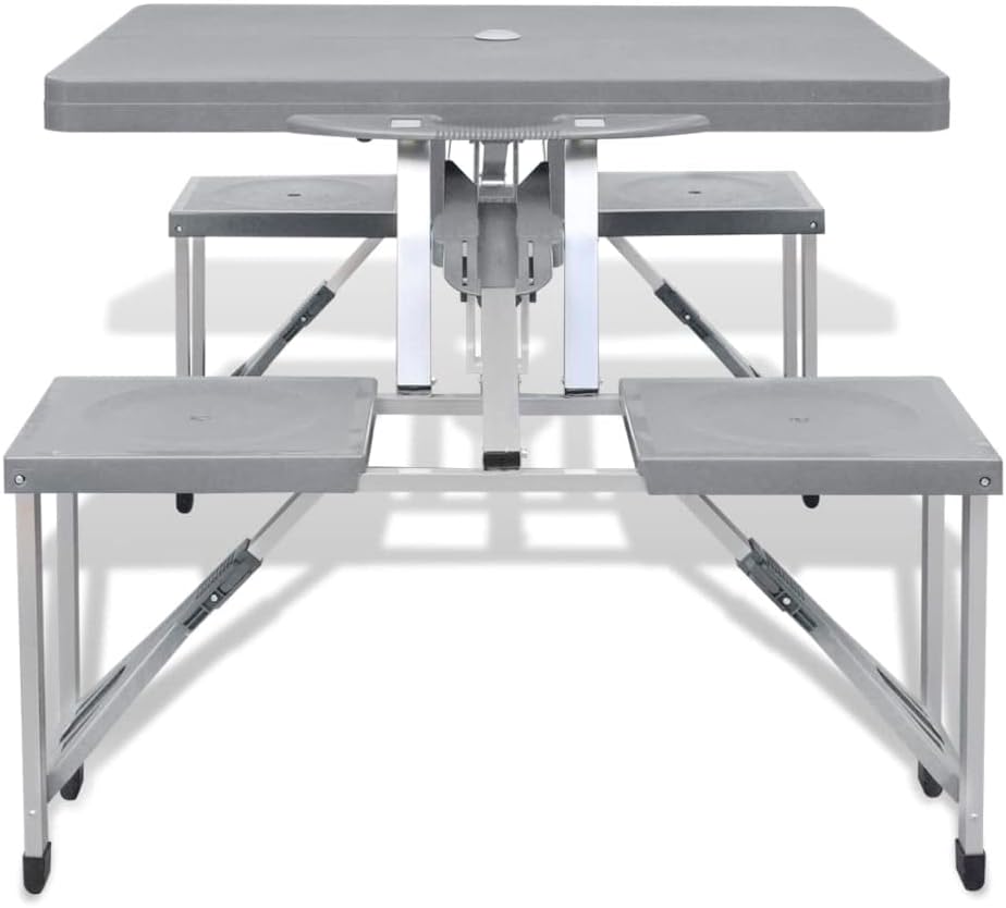 vidaXL Foldable Camping Table with 4 Stools, Portable Dining Table with Carry Handle, Outdoor Dining Set for Patio Garden, Aluminium Gray
