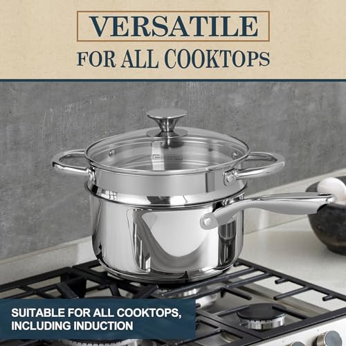 Image of MICHELANGELO 3 Quart Saucepan with Lid & Steamer, Stainless Steel Sauce Pan with Triply Bottom, 3 QT Sauce Pot, Nonstick Saucepan Induction Compatible