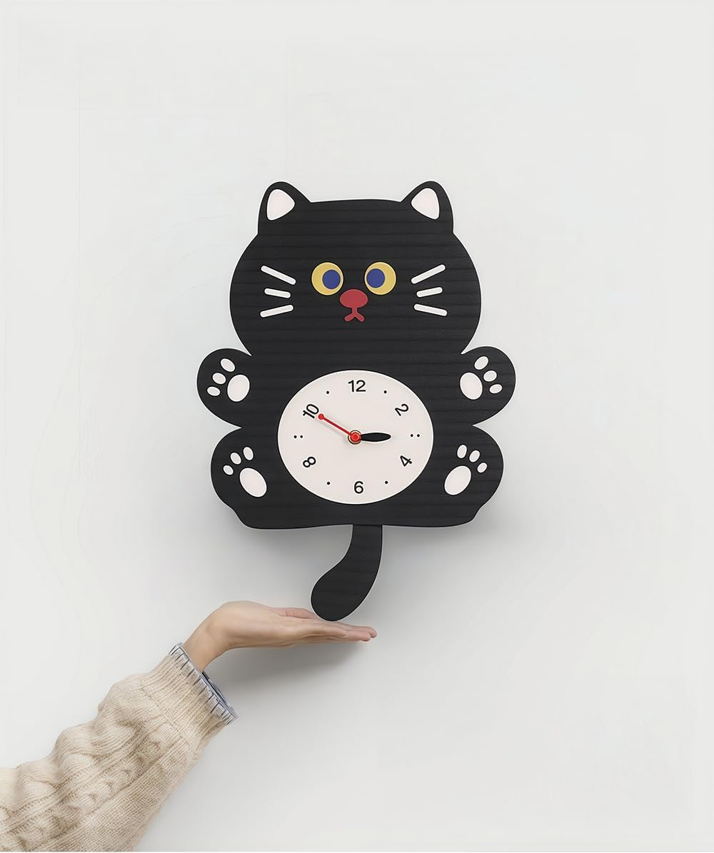 Cute Cat Shaped Wall Clock, Silent Non-Ticking Quartz Battery Operated Analog Wall Clock, Easy to Read Decorative Clock for Kitchen, Living Room, Bedroom, Nursery, Office, Coffee Hall