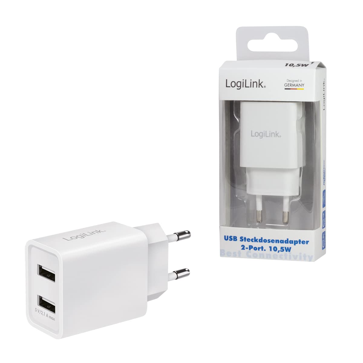 LogiLink Steckdosenadapter Mit 2 USB-Ports – 10,5W Max., Mit Überlastschutz – Für Smartphones & Tablets
