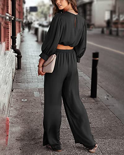 Btfbm Women's 2 Piece Lounge Set Satin Outfits 2023 Spring Casual Long Puff Sleeve Crop Tops Loose Wide Long Palazzo Pants（Solid Black,Large #TOP3