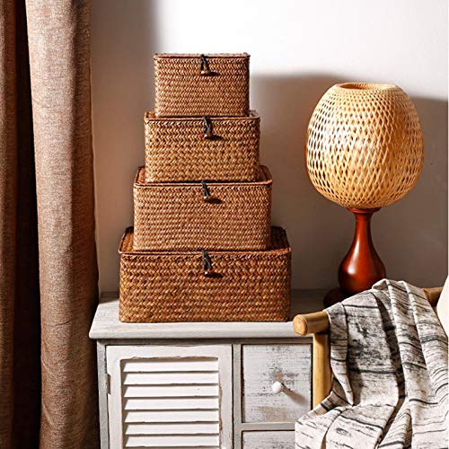 Woven Straw Storage Bins With Lid - Set Of 4 - Rectangular Seagrass Basket/Storage Basket For Shelf Organizer #TOP2