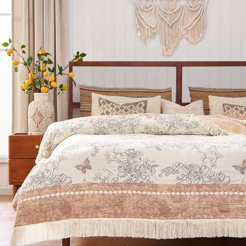 JINCHAN Boho Floral 100% Cotton Blanket 4-Layer Throw Blanket with
