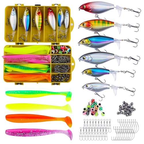 Tbbure 100 Pcs Fishing Lures Ploppers Equipment Tackle Gear Box for Bass, Floating Rotating Tail, Hard Fish Kit with Soft Lure,Hooks, Accessories Tools,Plastic Bait, Swimbait