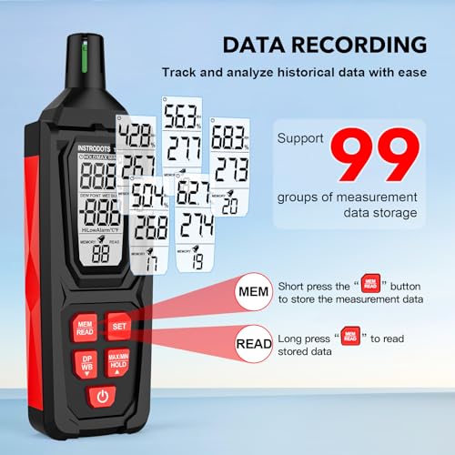 Image of Temperature Humidity Meter, High Precision Digital Hygrometer Thermometer with Dew Point /Wet Bulb, Indoor Outdoor Monitor, 99 Data Storage, Temp Alarm, Backlight, MAX /MIN, Auto Shutdown