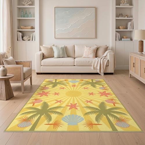 ODIKA 5'x7' Washable Beachy Seashell Area Rug, Orange Flatwoven Floor Covering for Dining Room, Under Table, Home Office, Non-Slip Chair-Friendly Carpet | Ref:1993008