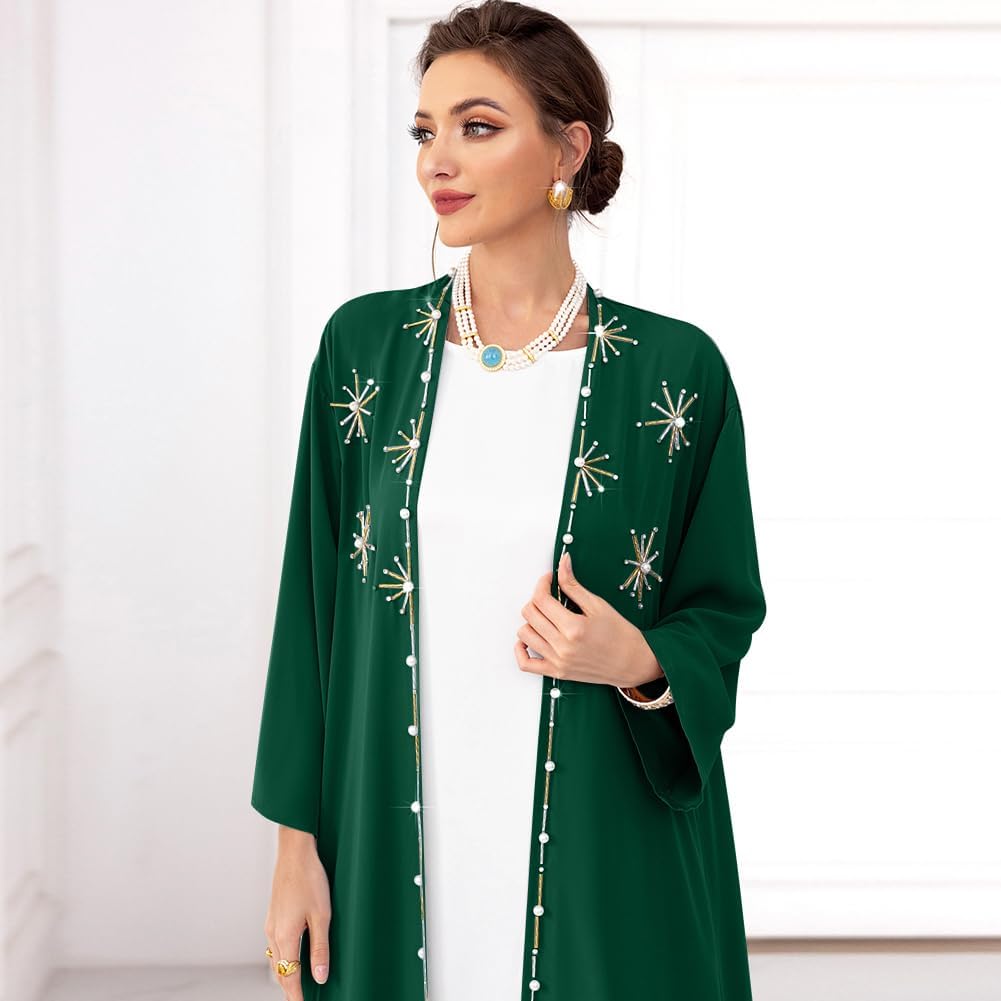Muslim Abaya Long Sleeve Open Front Rhinestones Kaftan Cardigan Maxi Dress for Women with Belt - Image 5