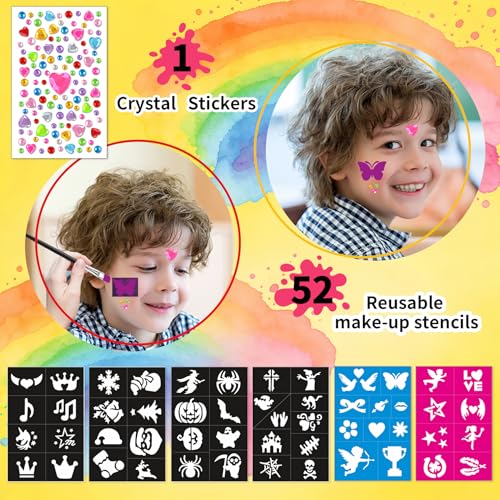 Mekkyes Kinderschminke Set, 16 Farben Schminkfarben Schminkpalette, Schminke Kinder mit 4 große Farben, 52 Schablonen, 1 Strassaufkleber, Ideal Kinderschminken für Halloween Karneval Fasching Ostern