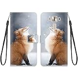 KARTXITAI Hülle Kompatibel mit Asus Zenfone 3 Deluxe 5.5 ZS550KL,Leder Handyhülle mit Kartenfach Geld Slot Ständer PU Ledertasche Wallet Flip Magnetische Schutzhülle-Fuchs,Schnee