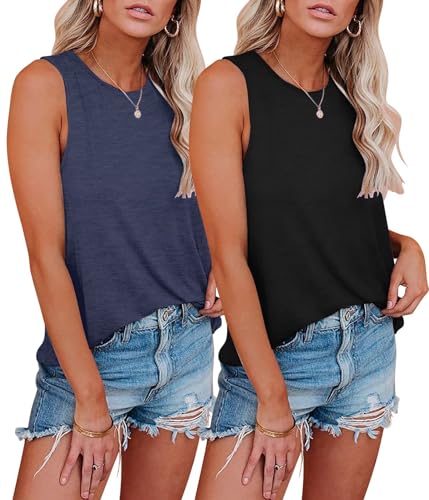 KKJ 2 Pack Womens Tank Tops Workout Tees Summer Clothes Fashion Outfits Crew Neck Sleeveless Loose Fit Fall Casual Shirts
