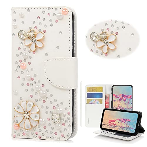 STENES Bling Wallet Phone Case Compatible with LG K52 6.6 inch 2020 Case - Stylish - 3D Handmade S-Link Flowers Design Magnetic Wallet Stand Leather Cover Case - White