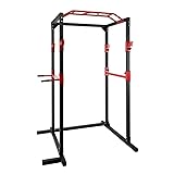 Ultrasport Mixte Banc de Musculation/Cage à Squats en Acier Massif, avec 2 Barres de Sécurité, Barre de Traction, Barre de Dips, Rameur - Noir/Rouge, 145.5 x 141 x 213.5 cm Power Rack Basique