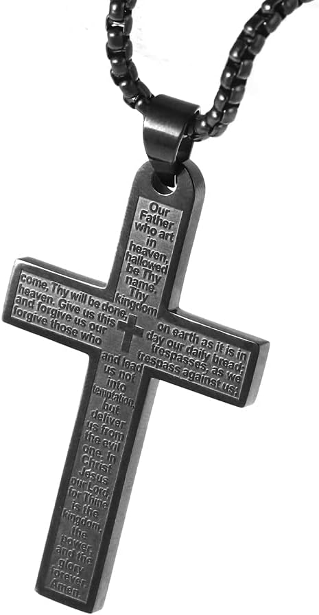 Stainless Steel Cross Necklace, Lord's Prayer Cross Pendant Necklace with 24" Hip Hop Chain, Stainless Steel Jewelry for Men Women, Religious Gift