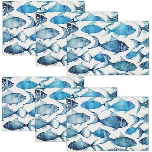 Juego de 6 manteles individuales con diseño de peces, color azul, 30,5 x 45,7 cm, para decoración de fiestas, cocina, comedor, restaurante