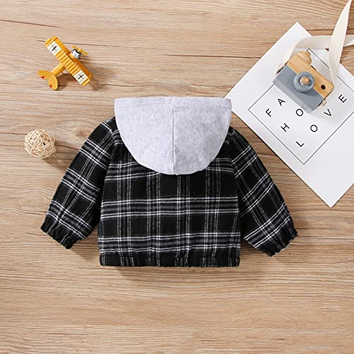 Character Winter Coats for Boys Flannel Shirt Jacket Plaid Patchwork Long Sleeve Fall Shirt Hooded (Black, 3-6 Months)2