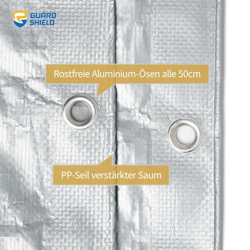 GUARD SHIELD Telo di protezione con occhielli Impermeabile 3 m x 6 m Argentato Multifunzionale Tela in poliestere 120 g/㎡ Telone multiuso di protezione, Antistrappo, Stabilizzato agli UV