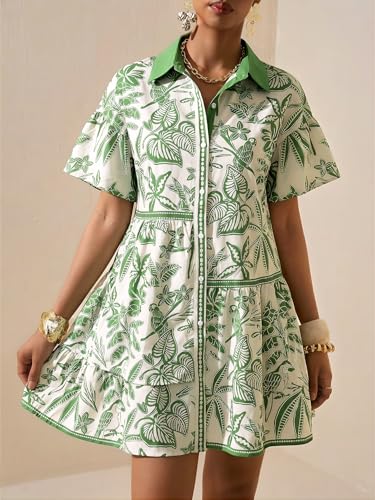 Image of SOLY HUX Women's Floral Button Down Shirt Dress Collared Short Sleeve Ruffle Babydoll Summer Boho Vacation Short Dresses