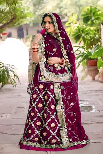 Image of Heavy Embroidery Work Semi Stitched Shimmer Silk Rajputi Poshak For Women Rajasthani Lehenga Choli
