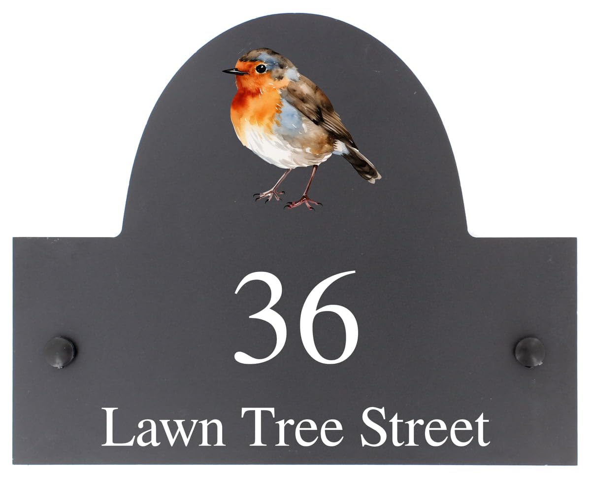 Personalised Robin Bird Motif Natural Stone Slate House Name or House Number Plaque Sign - 25x20cm - Premium Smooth Stone Slate