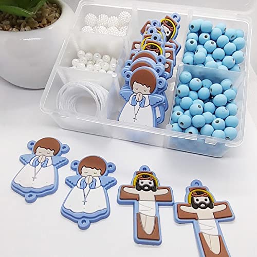 Kit Terço Infantil Lembrancinha Eucaristia Com 4 Terco Azul Anjinho Emborrachado