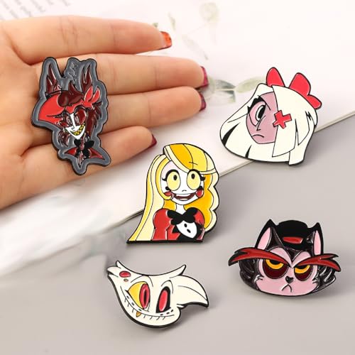 Image of Hazbin Hotel Brooch Set 5pcs Cartoon Brooch Pin Jewelry Accessory for Women Girls Alloy Anime Lapel Brooch (Colours)
