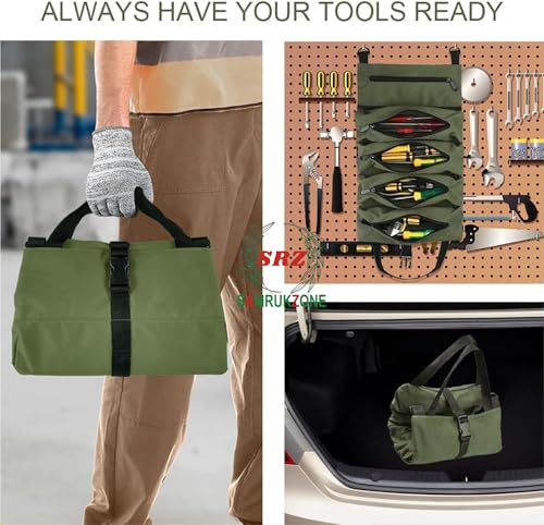 Image of SRZ Tool Kit Storage Organiser for Home Car Tool Bag, Gardening Accessories, Electrical Tools (5 Pockets, ONLY BAG NO TOOLS) (GREEN)